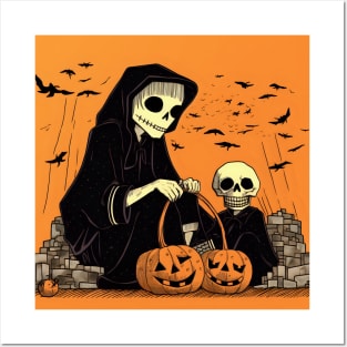 Halloween Two Skeletons with Basket of Pumpkin Posters and Art